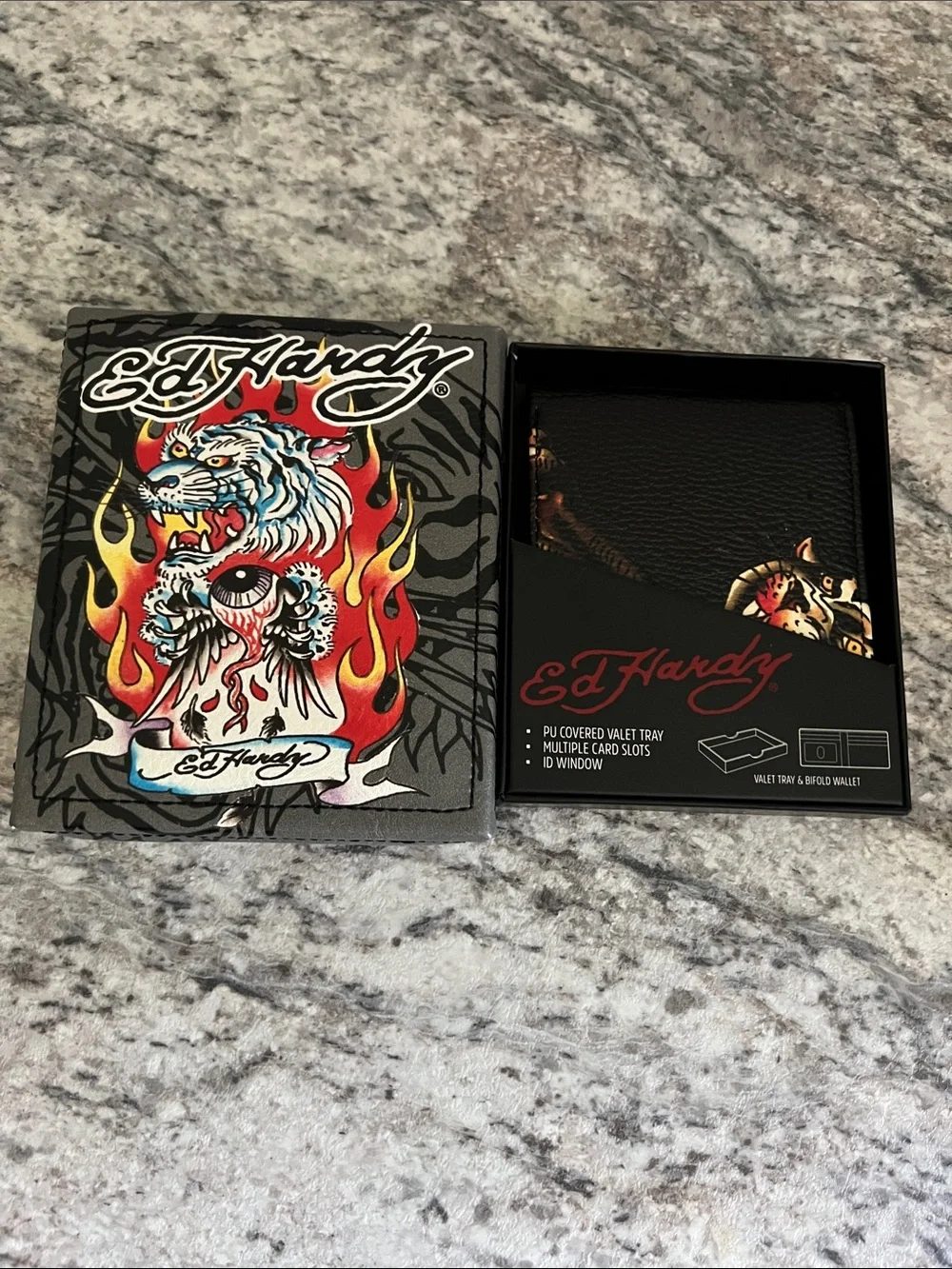 Ed Hardy Men’s Black Wallet with Red and Yellow Tiger Graphic with Gift Box NWT